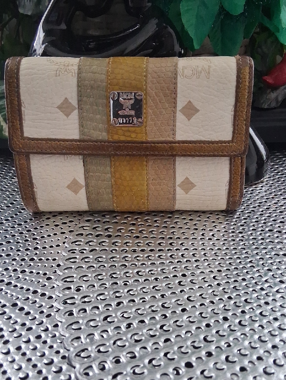 MCM Tricolor Stripe Small Wallet in Cream, Brown and Mustard
